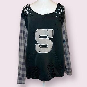 Furst Of A Kind Distressed Grunge Varsity Sweatshirt Letter S Flannel Sleeves L